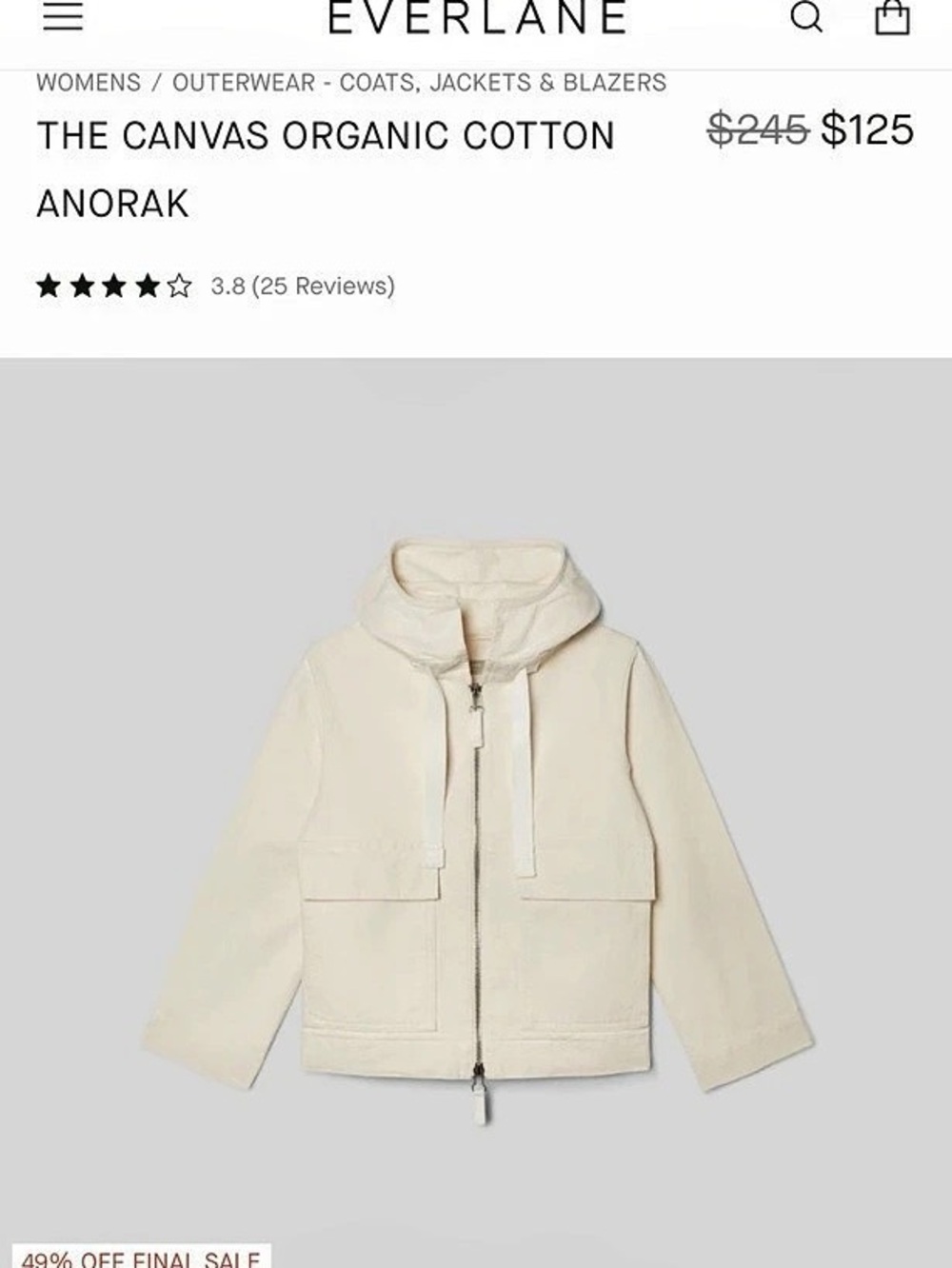 Everlane The Canvas Organic Cotton Anorak Cotton Anorak Cream Small